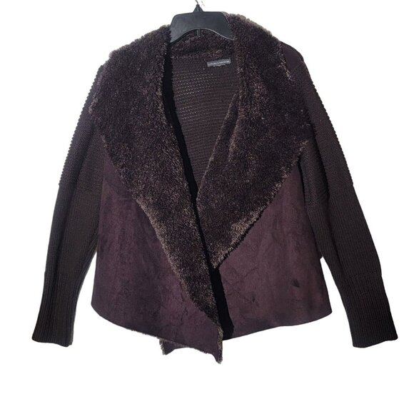 ❤️CHELSEA & THEODORE M Women's Brown FAUX FUR TEDDY Coat Cardigan Sweater Jacket - Picture 2 of 8